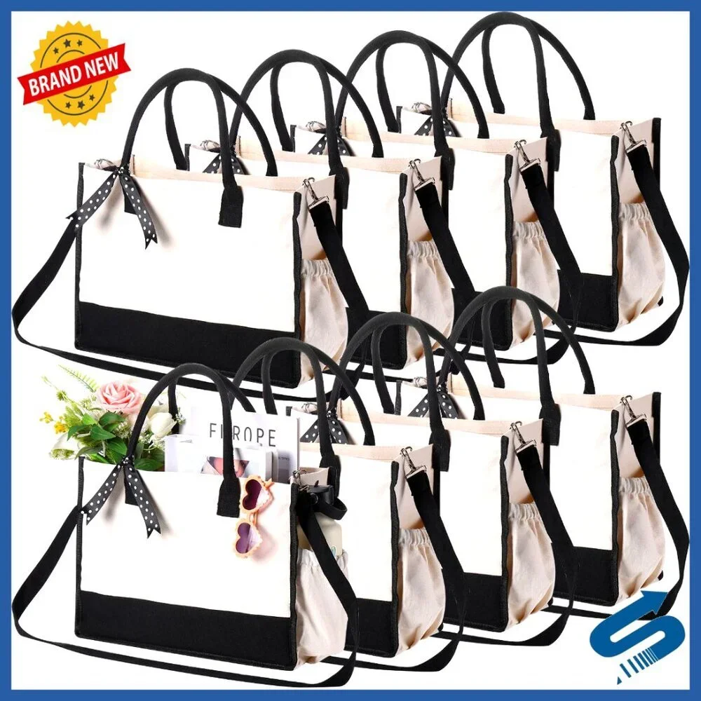 Canvas Tote Bags Set Zipper Closure Adjustable Strap Reusable Grocery Storage